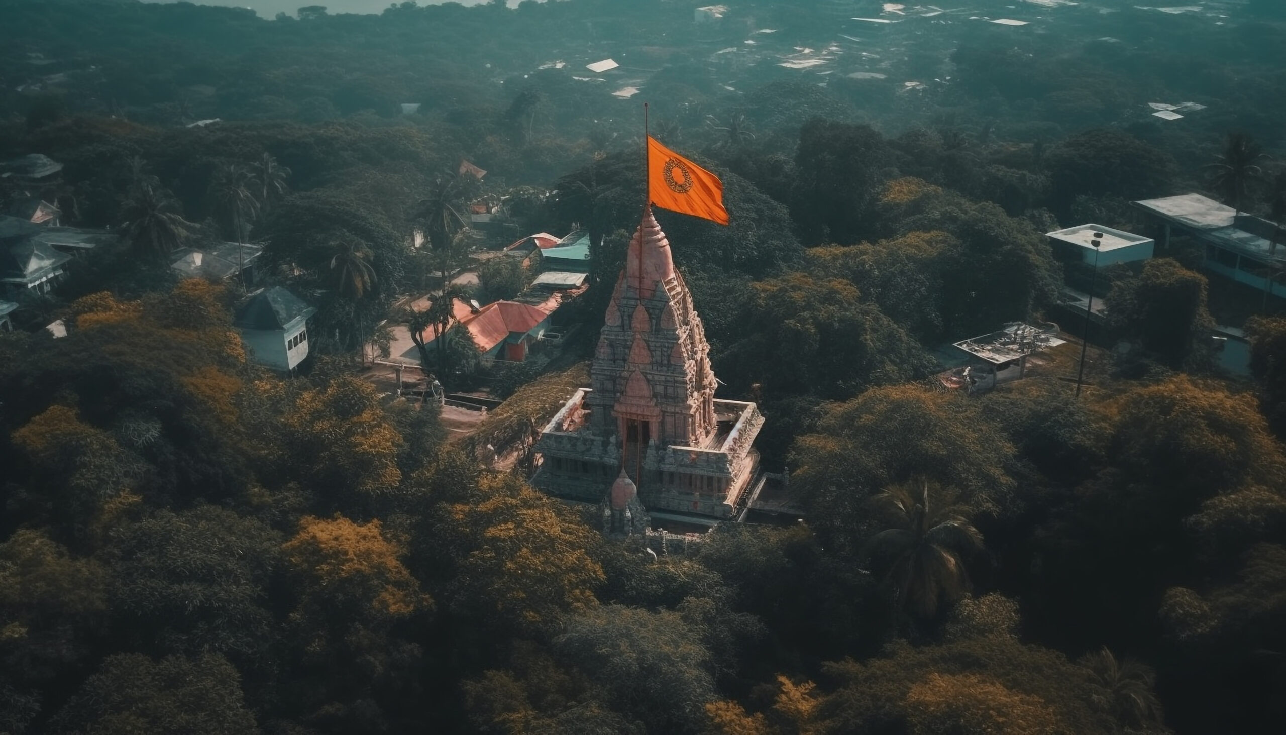 Aerial view of ancient pagoda at dusk generated by artificial intelligence